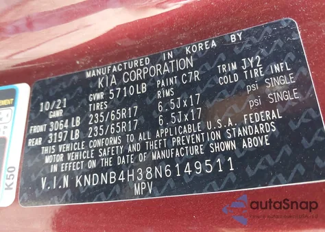 2022 Kia Carnival Mpv Lx Seat Package из США, поврежденный, VIN KNDNB4H38N6149511